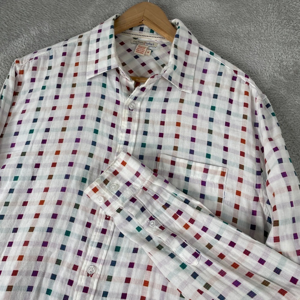 Carbon2Cobalt Shirt Mens Medium White Multicolor Grid Plaid Cotton Casual